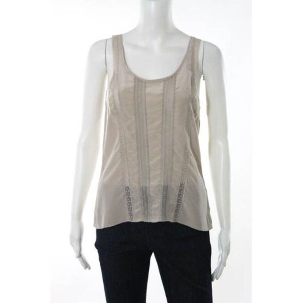 Of Two Minds Taupe Silk Lace Paneled Sleeveless Round Neck Blouse Size Petite